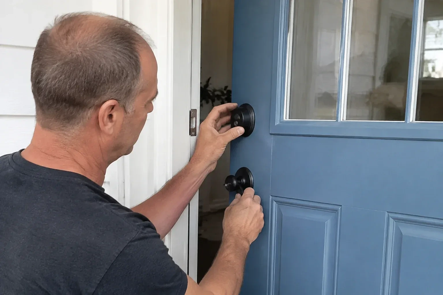 Person holding the black deadbolt and doorknob of a partly open blue front door. — Deadbolt Installation, Toronto