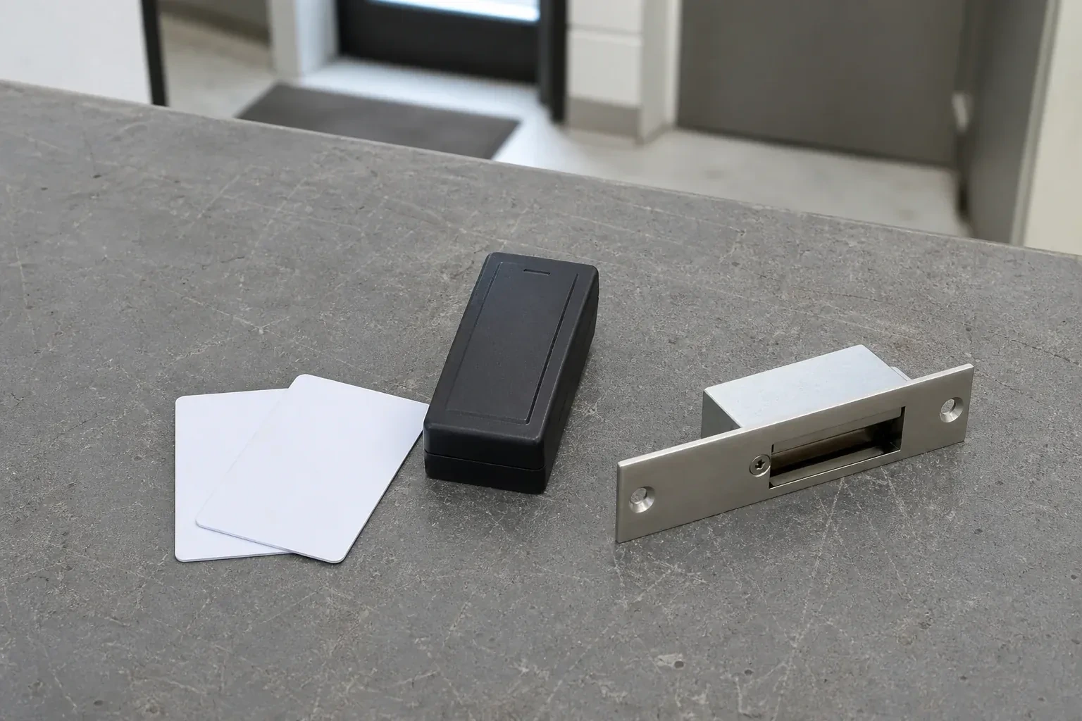 Detached card reader, two plain cards and an electric-strike component on a service bench. — Access Control Installation, Toronto