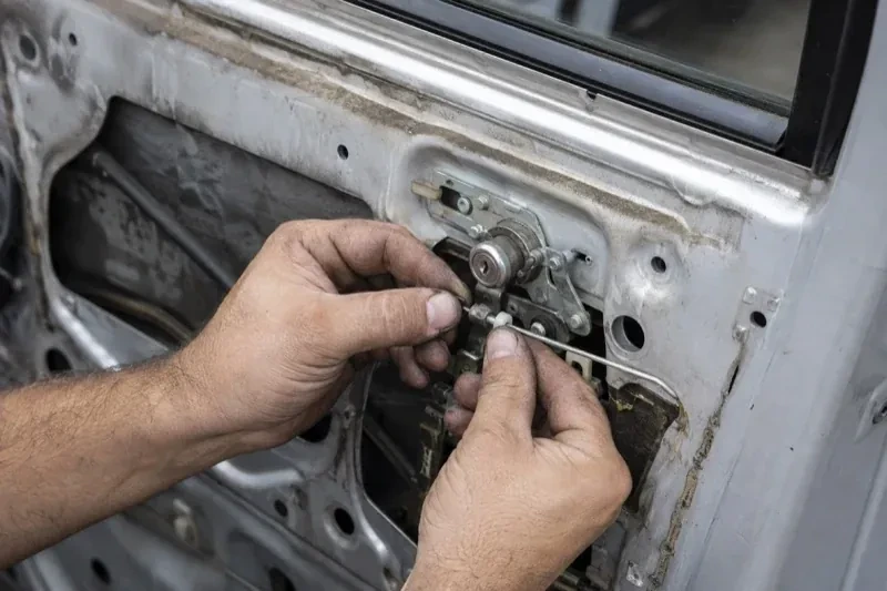 Hands holding a small linkage beside an exposed car-door lock mechanism with the interior trim removed. — Vehicle Lock Repair, Toronto