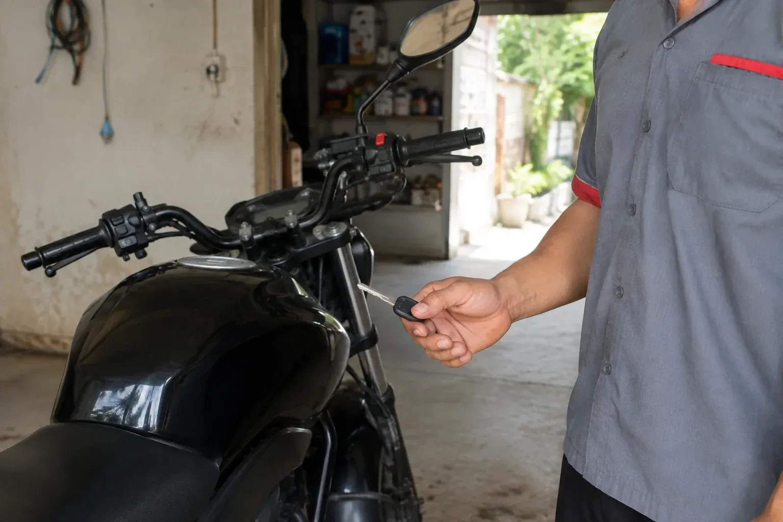 Technician holding a black-headed key beside a parked motorcycle. — Motorcycle & Scooter Keys, Toronto
